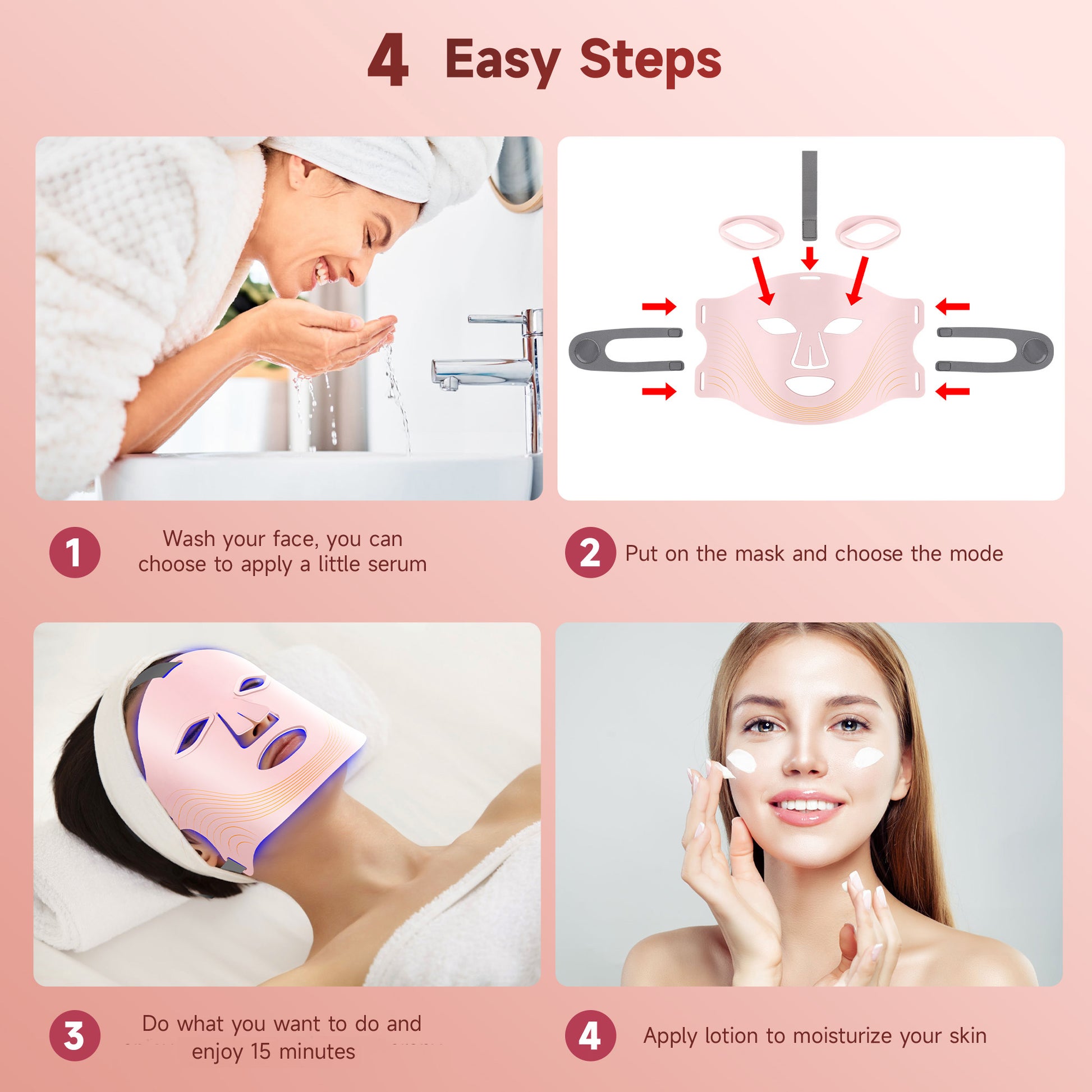 Morfone 4-mode LED facial red light therapy lamp. Portable care set with remote control, suitable for home and travel skin therapy（Pink）