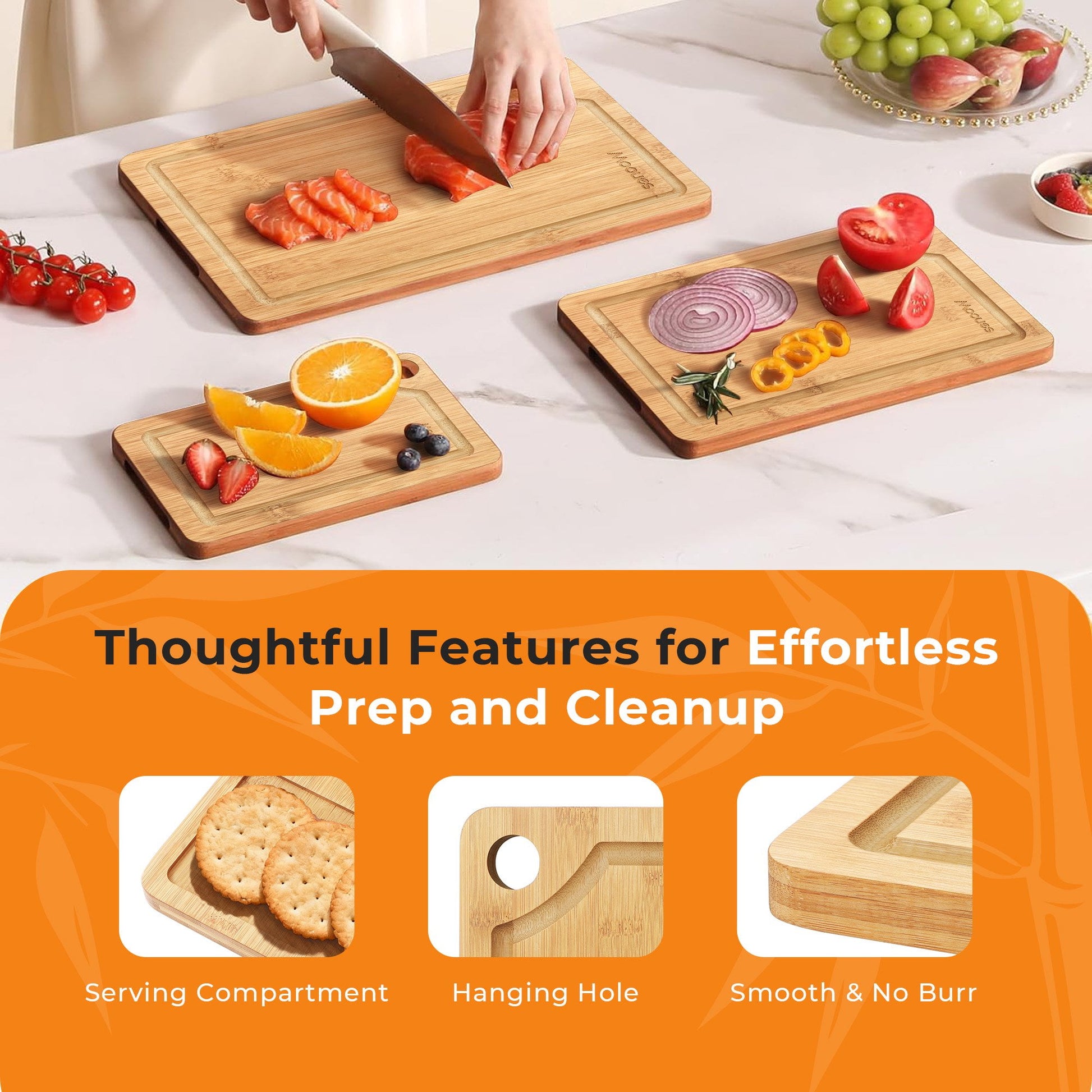 ACMETOP Wooden Cutting Boards for Kitchen, Reversible Deep-Carbonized Bamboo Cutting Board with Juice Groove, Knife-Friendly, Kitchen Gift (3 Pcs)