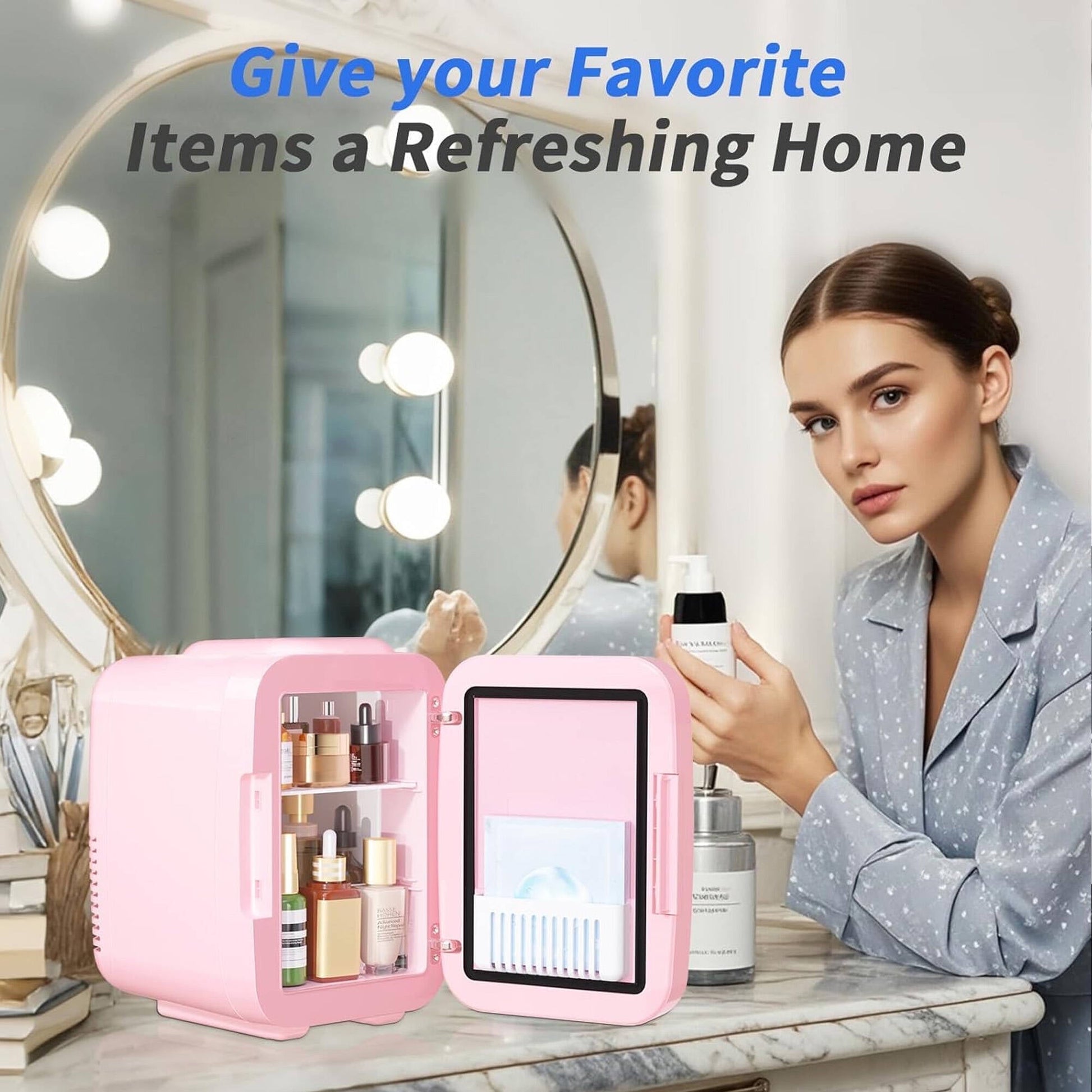 BEICHEN 4L Mini Skincare Fridge with LED Mirror – Portable Beauty Fridge for Makeup, Drinks, and Cosmetics – Quiet Small Refrigerator for Bedroom, Office, Dorm, or Car Use