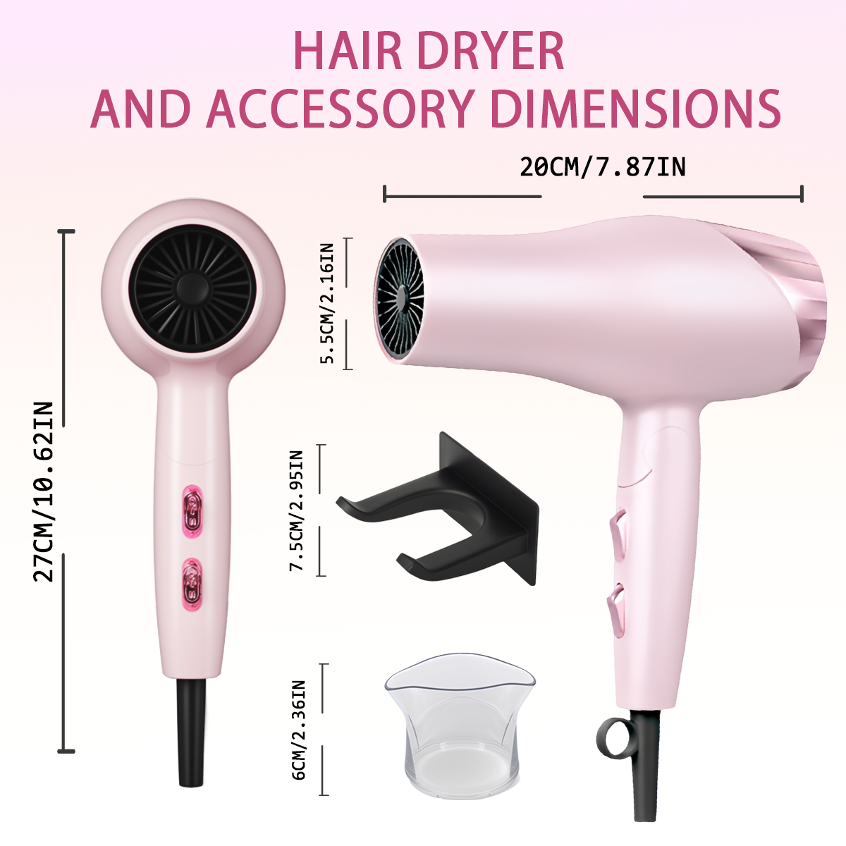 Morfone Pink 9-piece foldable hair dryer set. Portable hair styling tool for home, travel or business trips. Can be used as a gift set
