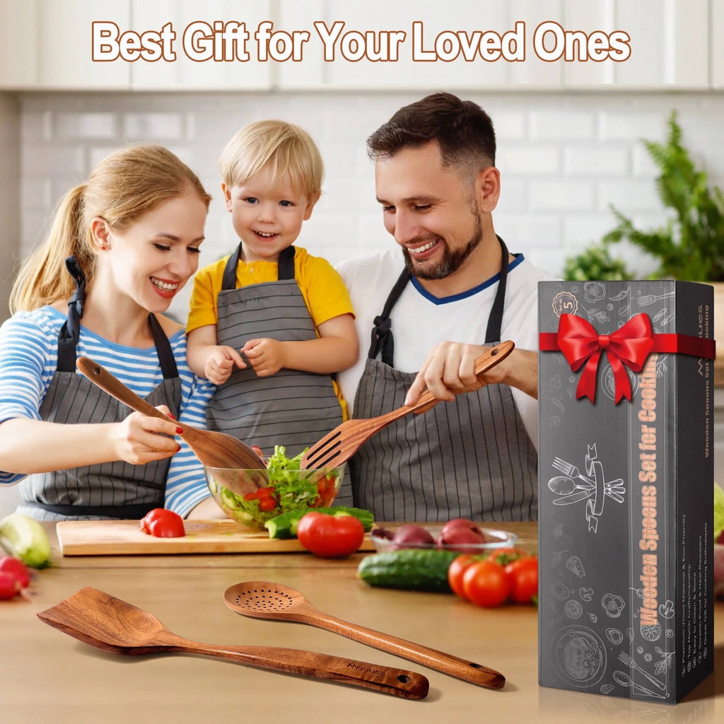 ACMETOP Wooden Spoons for Cooking, 9 Pcs Natural Teak Kitchen Utensil Set with Utensils Holder & Spoon Rest, Wooden Cooking Utensils for Nonstick Pans & Cookware