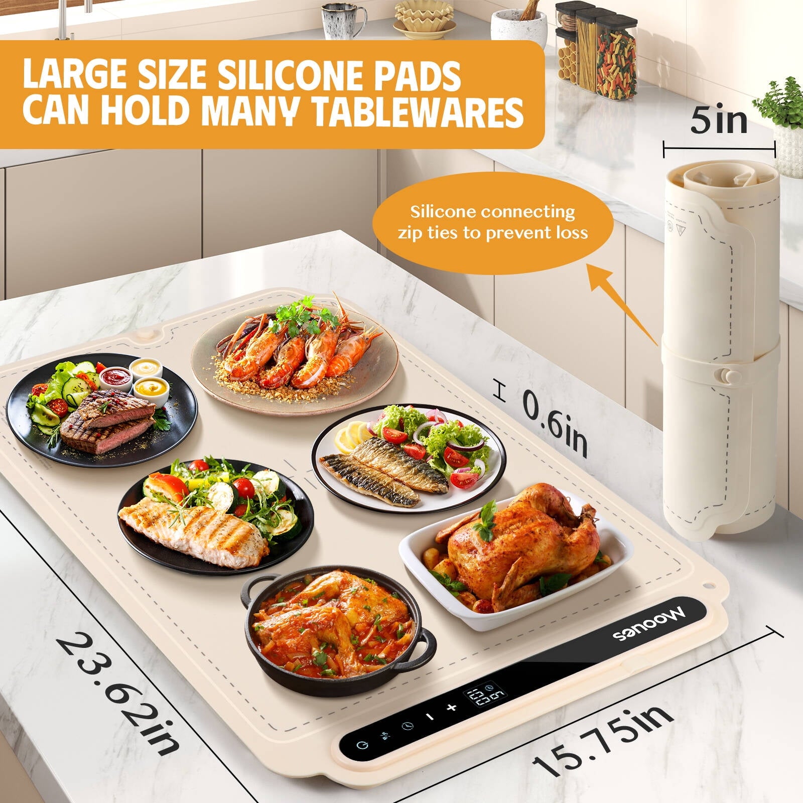 ACMETOP Food Warming Mat, Portable Silicone Electric Warming Tray, Versatile Full Surface 10s Heating Food Warmer with 7 Level Temperature & Timer for home dinner, Parties, Buffets andTravel (Beige)