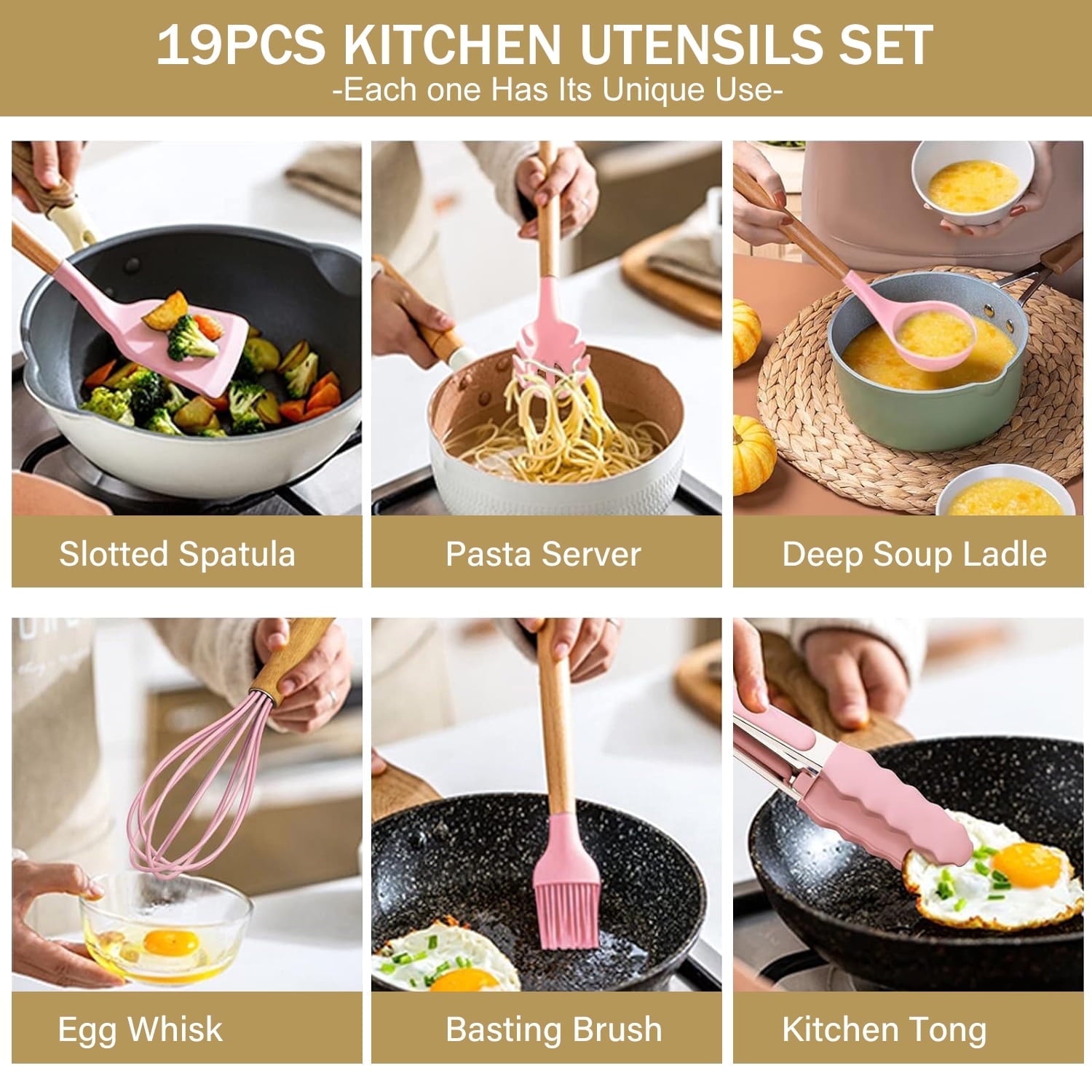 ACMETOP 19 Pieces Kitchen Utensils Set-11 Silicone Cooking Utensils Set, 6 Stainless Steel Sharp Knife set, 2 Cutting Board and Holder (Pink)