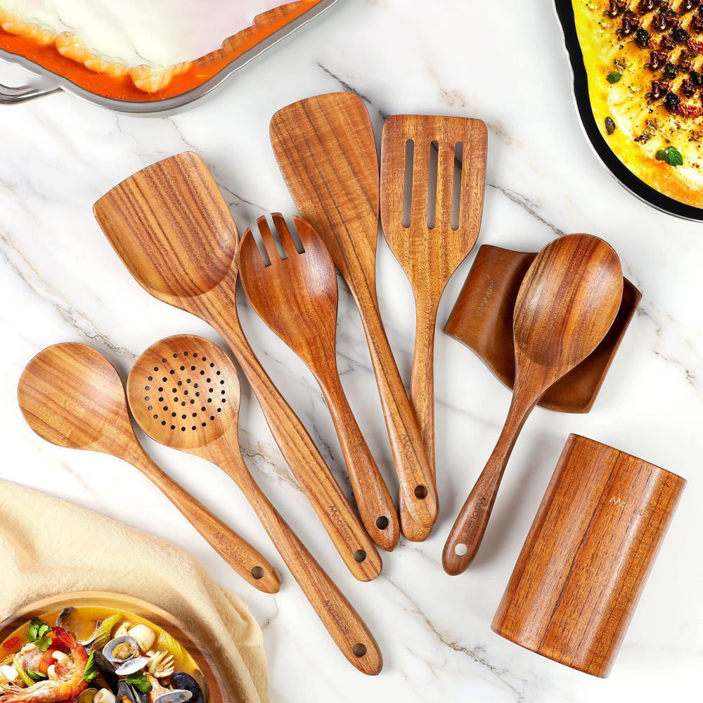 Mooues 9-Piece Natural Teak Wood Kitchen Utensil Set with Spoon Holder — Comfortable Grip Cooking Spoons and Utensil Storage Rack. Housewarming Gift