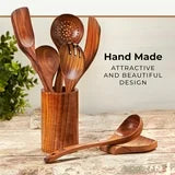 Wooden Spoons for Cooking - 9-Piece Wooden Kitchen Utensil Set made of Natural Solid Wood Material - Includes Spoons, Spatulas, Ladles, Strainer Spoon, Salad Fork, Mixing Spoon and Utensil Holder