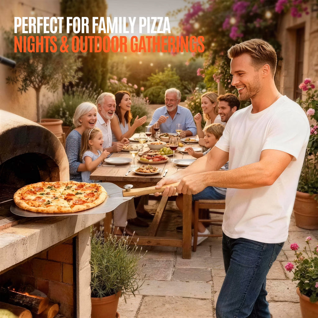 ACMETOP Pizza Peel 12 inch, Aluminum Metal Pizza Paddle Spatula with Foldable Wood Handle Rocker Cutter, Pizza Oven Accessories for Baking Homemade Pizza Bread