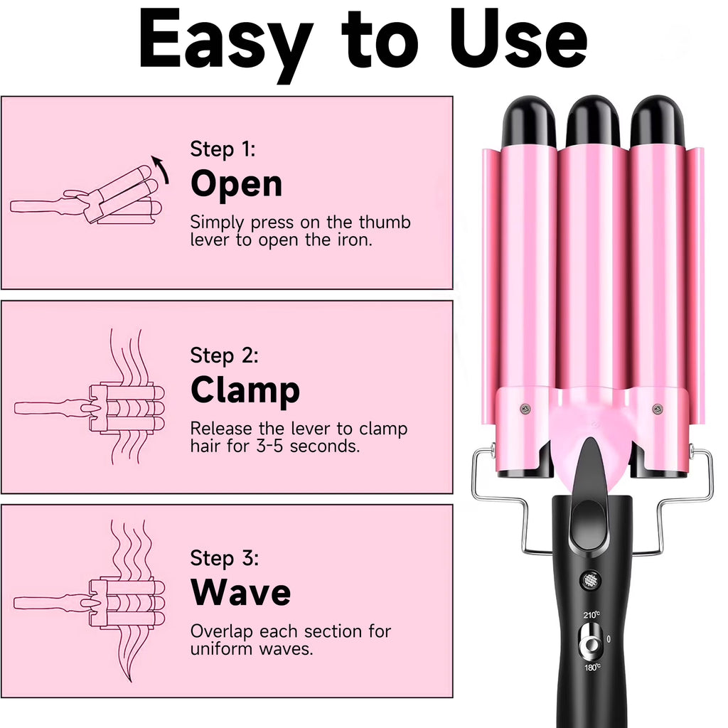 Morfone 3 Jumbo Barrel Curling Iron Wand 22mm Hair Waver Temperature Adjustable Ceramic Big Waves Hair Crimper (Pink)