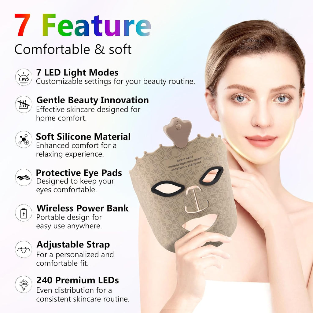 Morfone 9 Color LED Face Mask, Wireless LED Face Mask  with Eye Cushion, Lightweight Soft Silicone Red Light Mask for Face, Gold