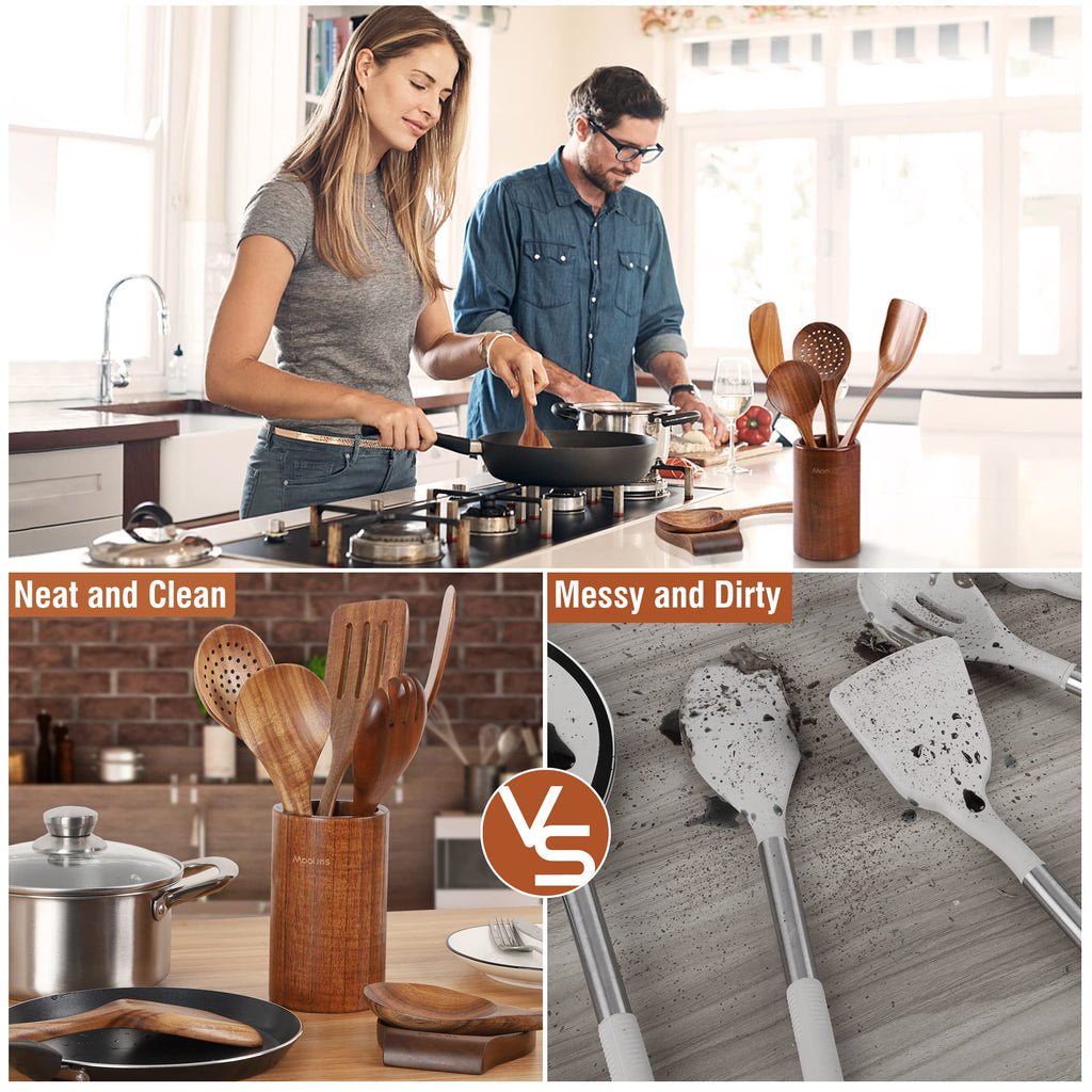 Mooues 9-Piece Natural Teak Wood Kitchen Utensil Set with Spoon Holder — Comfortable Grip Cooking Spoons and Utensil Storage Rack. Housewarming Gift