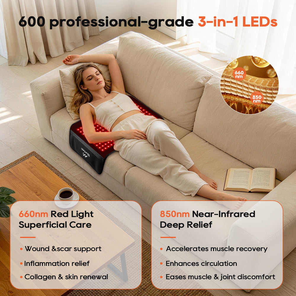 Morfone 12“ x 24” Red Light Therapy Mat with 200 LEDs, Back, Waist, and Joint Muscle Therapy Device, Black, 1 piece