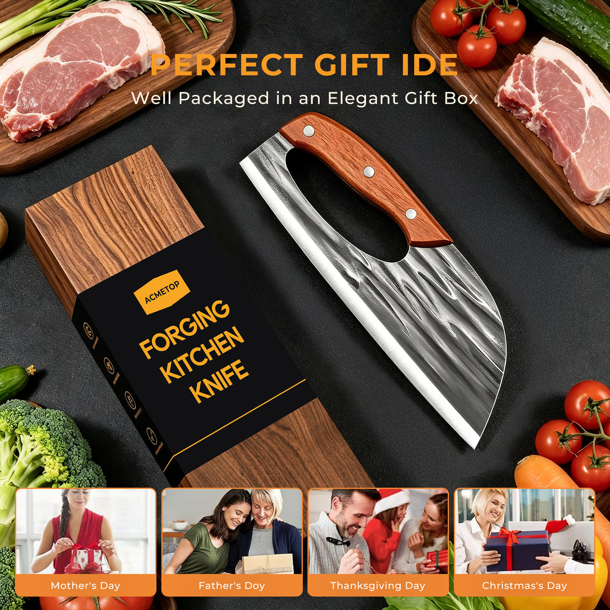 ACMETOP Chef Knife, High Carbon Steel Kitchen Knife for Meat Cutting, Slicing, Camping, BBQ – Essential Kitchen Tool