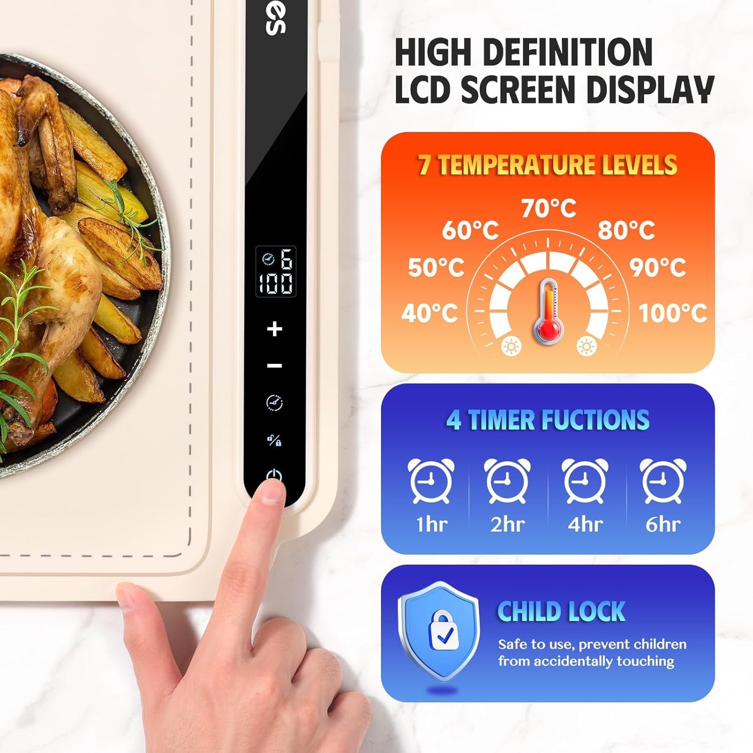 ACMETOP Food Warming Mat, Portable Silicone Electric Warming Tray, Versatile Full Surface 10s Heating Food Warmer with 7 Level Temperature & Timer for home dinner, Parties, Buffets andTravel (Beige)