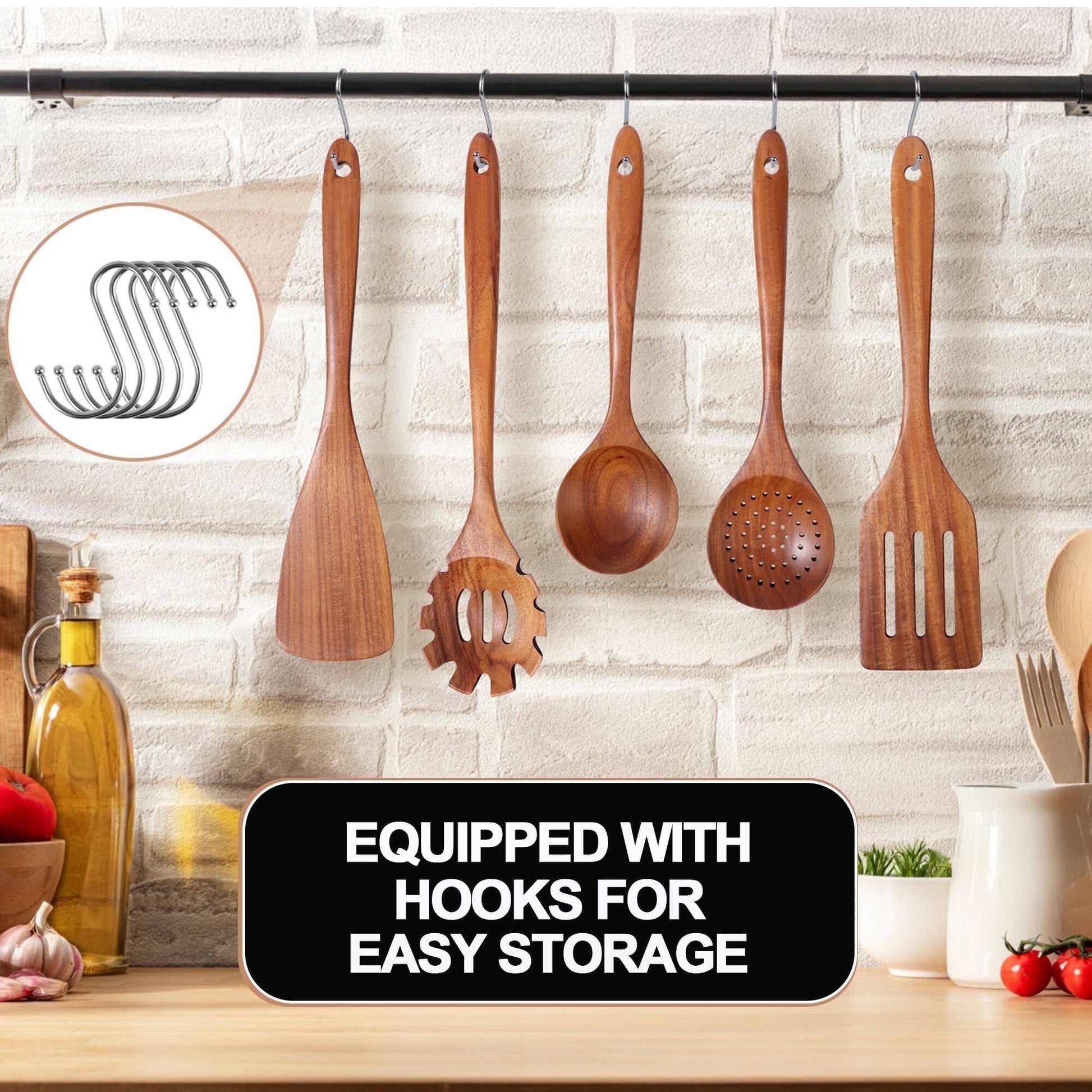 ACMETOP 6-Piece Natural Teak Wooden Spoons for Cooking With 10 Hooks，Handcrafted Kitchen Utensils Set ，Ideal Gift Set