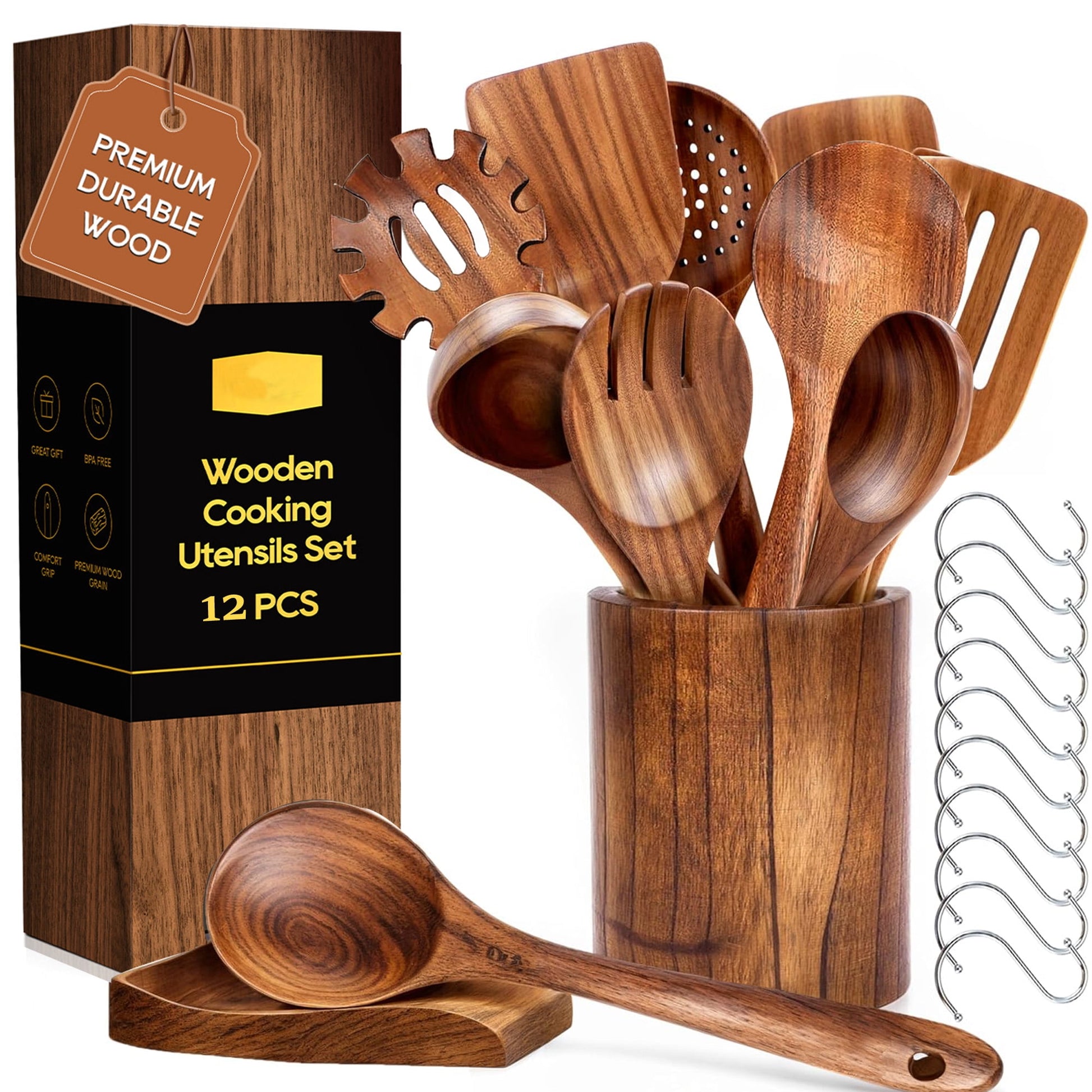 ACMETOP Wooden Spoons for Cooking, 10PCS Teak Wood Kitchen Utensils Set With 10 Hooks, Nonstick Cookware Utensil Set - Mother's Day Gift