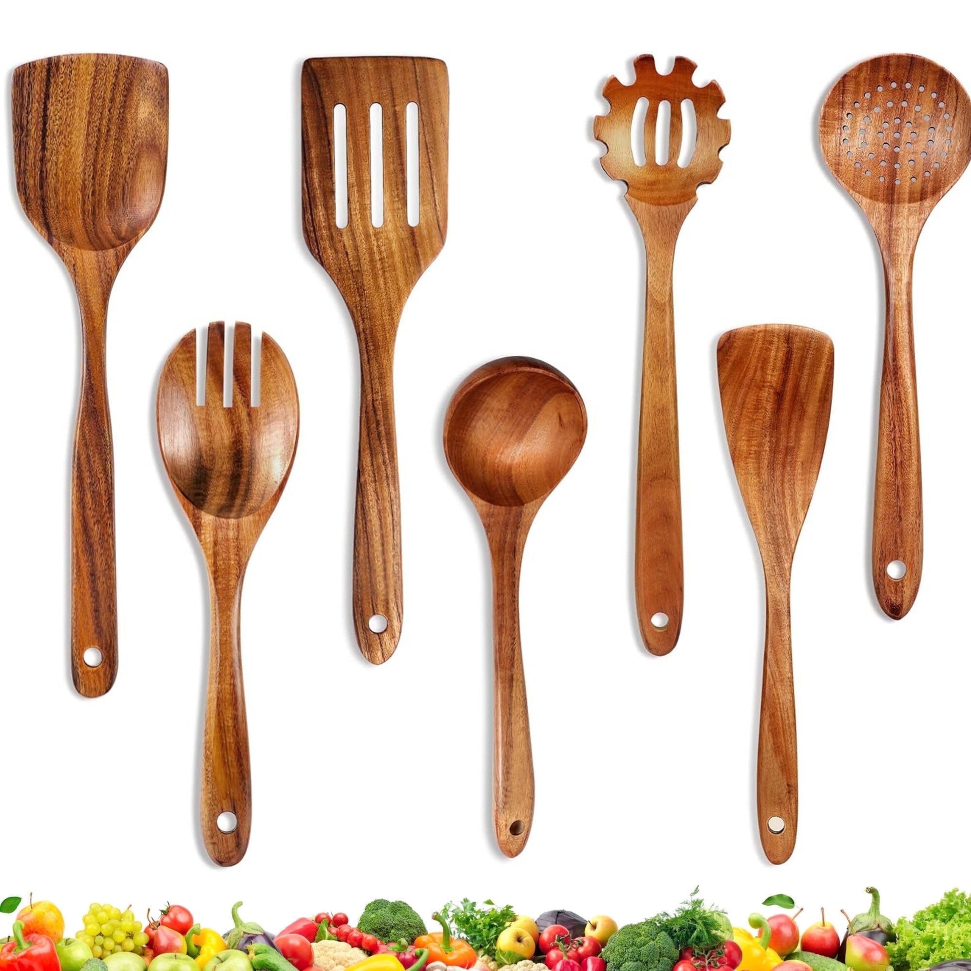 ACMETOP Wooden Spoons for Cooking, 9 Pcs Natural Teak Kitchen Utensil Set with Utensils Holder & Spoon Rest, Wooden Cooking Utensils for Nonstick Pans & Cookware