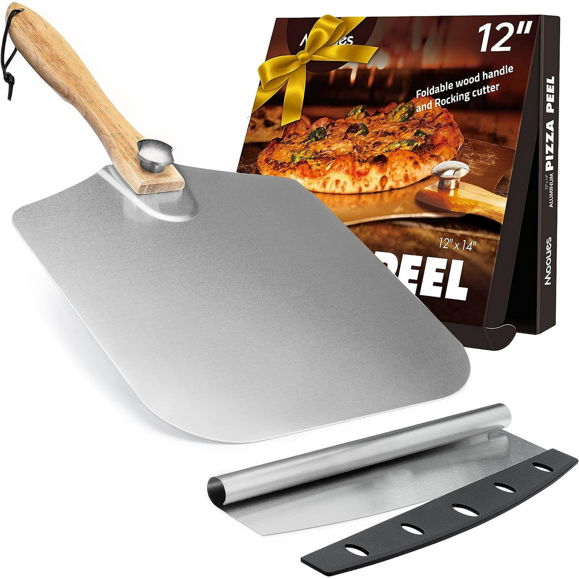 ACMETOP Aluminum Pizza Peel Metal - 12 x 14 Inch, Pizza Spatula for Oven with Foldable Wood Handle, Pizza Oven Accessories Tools, Turning Peel, Bread, Pastry, Dough, Cake Spatula