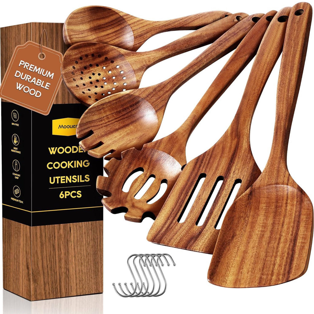 ACMETOP 6-Piece Natural Teak Wooden Spoons for Cooking With 10 Hooks，Handcrafted Kitchen Utensils Set ，Ideal Gift Set