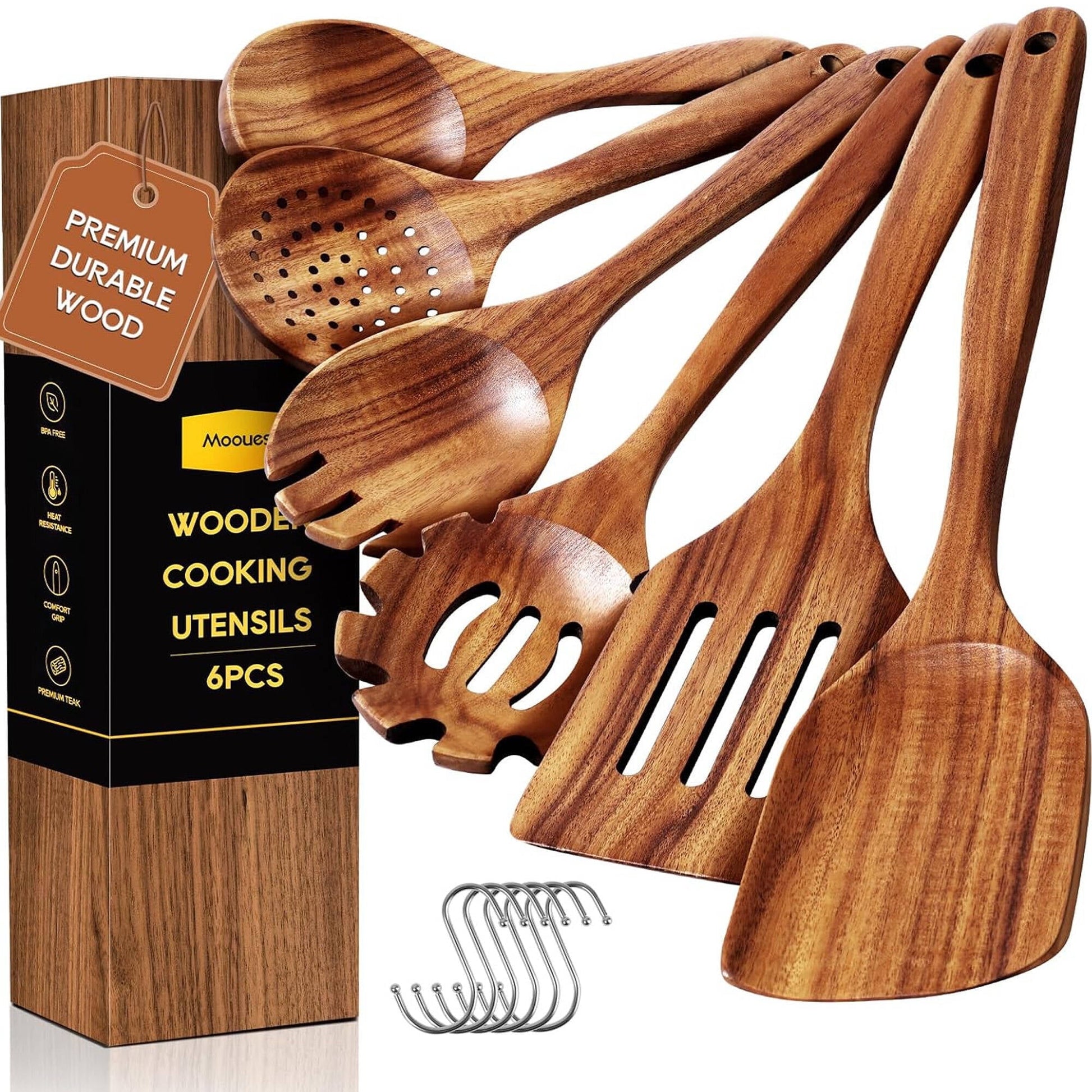 ACMETOP 6-Piece Natural Teak Wooden Spoons for Cooking With 10 Hooks，Handcrafted Kitchen Utensils Set ，Ideal Gift Set
