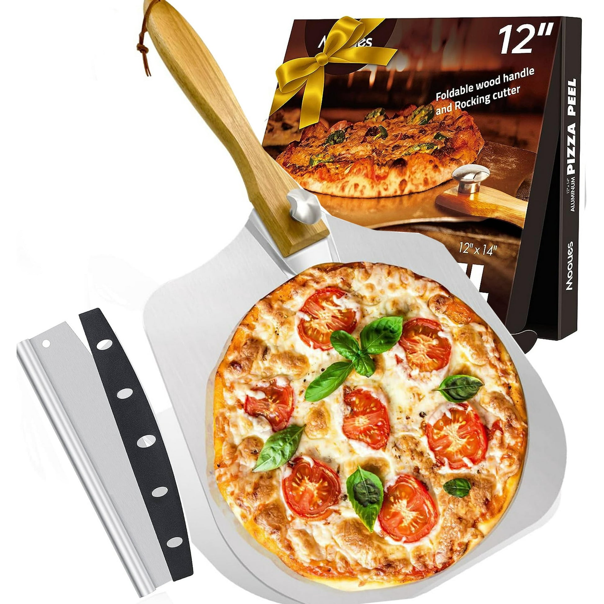 Aisutha Pizza Peel Aluminum Pizza Spatula, Metal Pizza Paddle(12"x 14")with Rocker Cutter Foldable Wood Handle, [Storage bag included], for Family Pizza Oven Baking Pizza, Dough, Bread & Pastry