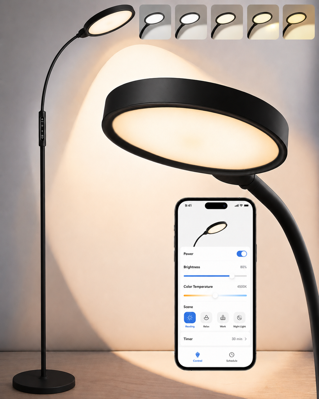 Morfone LED Full Spectrum Therapy Lamp APP Controlled Happy Light High CRI Floor Lamp with 10 Brightness Levels UV Free