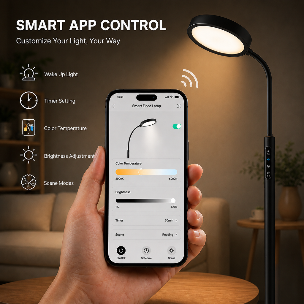 Morfone LED Full Spectrum Therapy Lamp APP Controlled Happy Light High CRI Floor Lamp with 10 Brightness Levels UV Free
