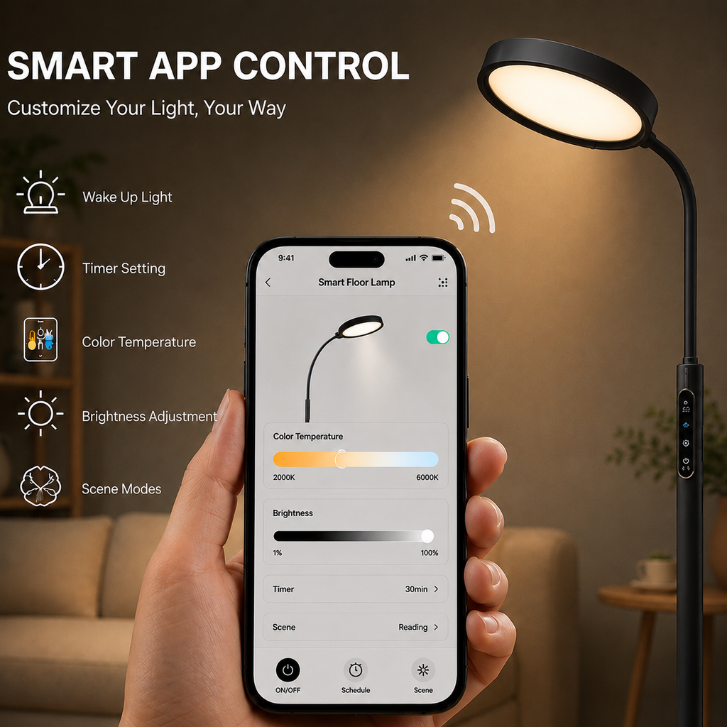 Morfone LED Full Spectrum Therapy Lamp APP Controlled Happy Light High CRI Floor Lamp with 10 Brightness Levels UV Free