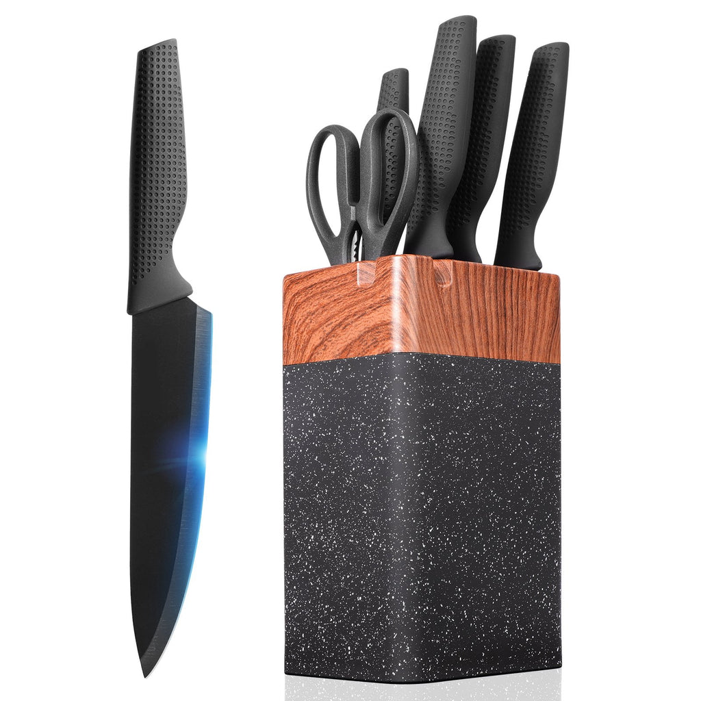ACMETOP Knife Set, 7 Piece High Carbon Stainless Steel Kitchen Knife Block Set with Built in Sharpener, Black