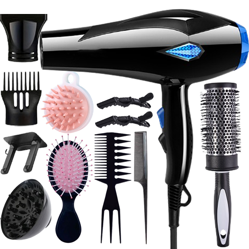 Morfone 12pcs-in-1 multi-function hair dryer with comb and hair clips, featuring high power and capable of both heating and cooling.