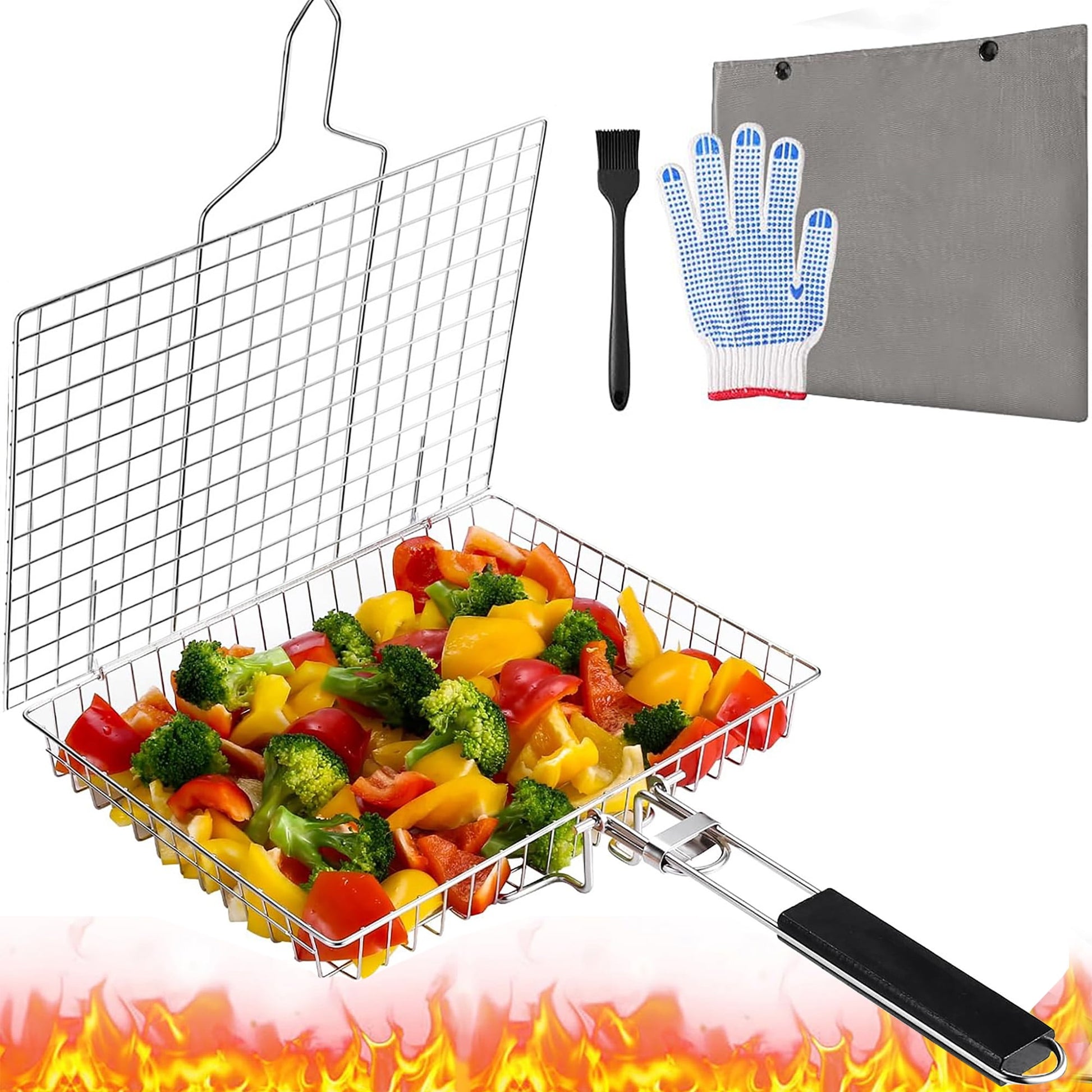 ACMETOP Grill Baskets for Outdoor Grill, Stainless Steel Large Folding Grilling Baskets with Detachable Handle, Grilling Accessories for Fish, Shrimp, Vegetables