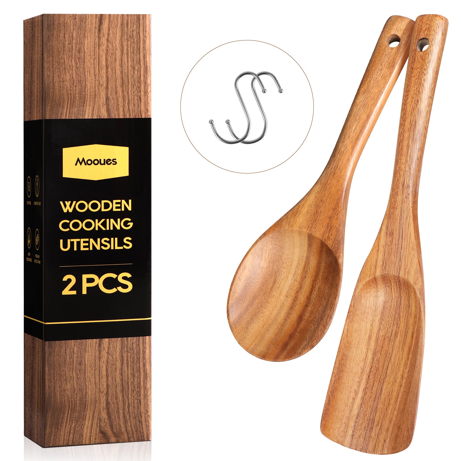 ACMETOP Wooden Spoon Utensils with Thick Handle, Set of 2, Wood Spatula for Frying Scraping and Mixing, Wooden Kitchen Cooking Utensils for Nonstick Cookware
