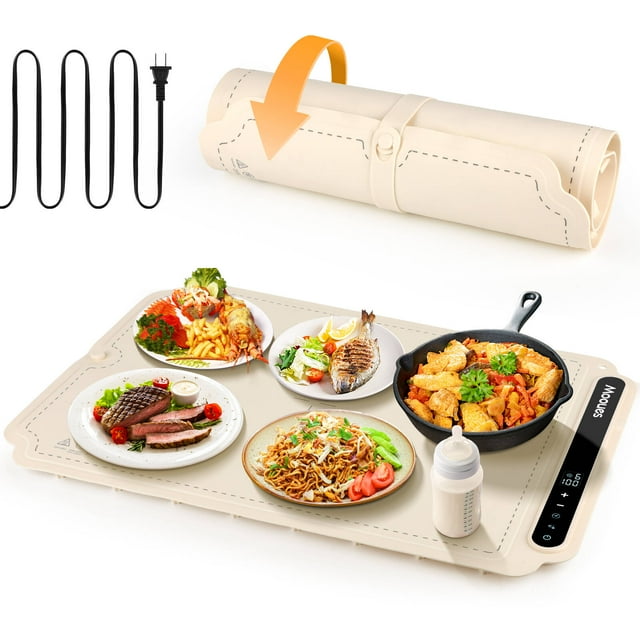 ACMETOP Food Warming Mat, Portable Silicone Electric Warming Tray, Versatile Full Surface 10s Heating Food Warmer with 7 Level Temperature & Timer for home dinner, Parties, Buffets andTravel (Beige)