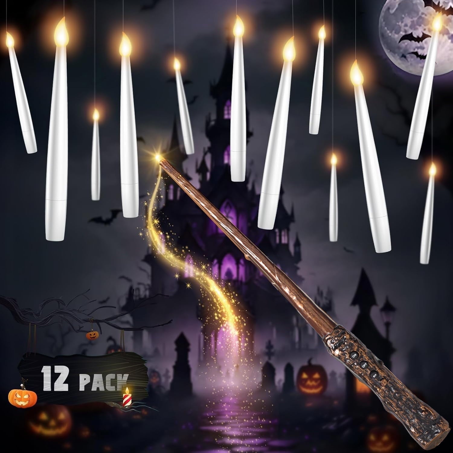 Morfone Halloween Decorations, 12 PCs Floating Candles with Wand Magic Hanging Candles, Flickering Warm Light Flameless Floating LED Candle