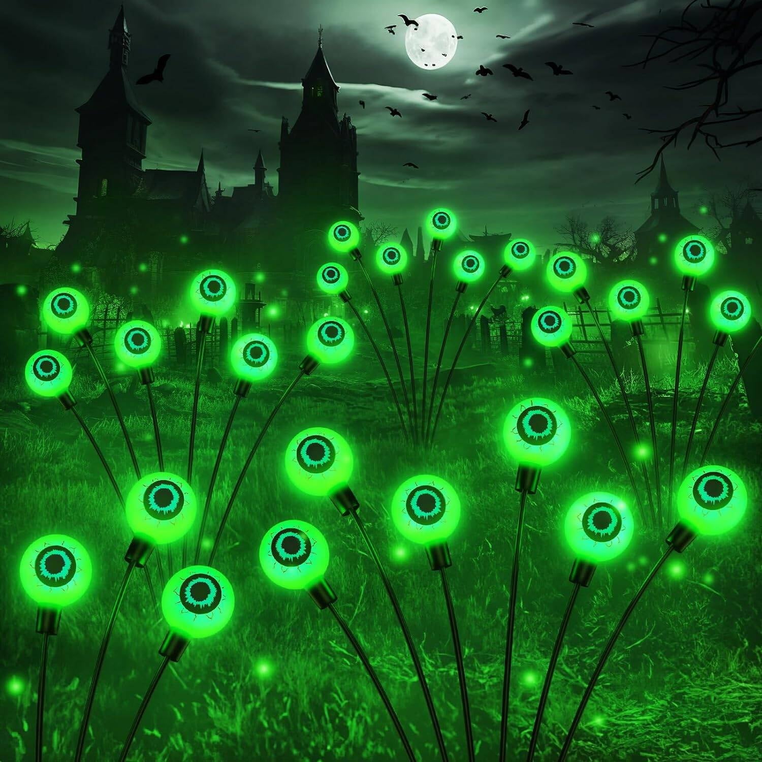 Morfone Halloween Decorations Outdoor, 2 Pack 12 LED Scary Eyeball Solar Halloween Lights, 2 Mode Waterproof Swaying Outside Decor, Solar Light Decorations for Garden Yard Party