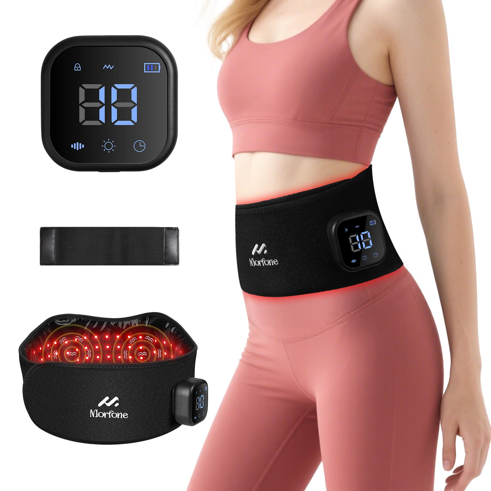 Morfone 660nm&850nm Red Light Therapy Heating Massage Belt for Muscle Pain Relief Red Light Therapy Wrap