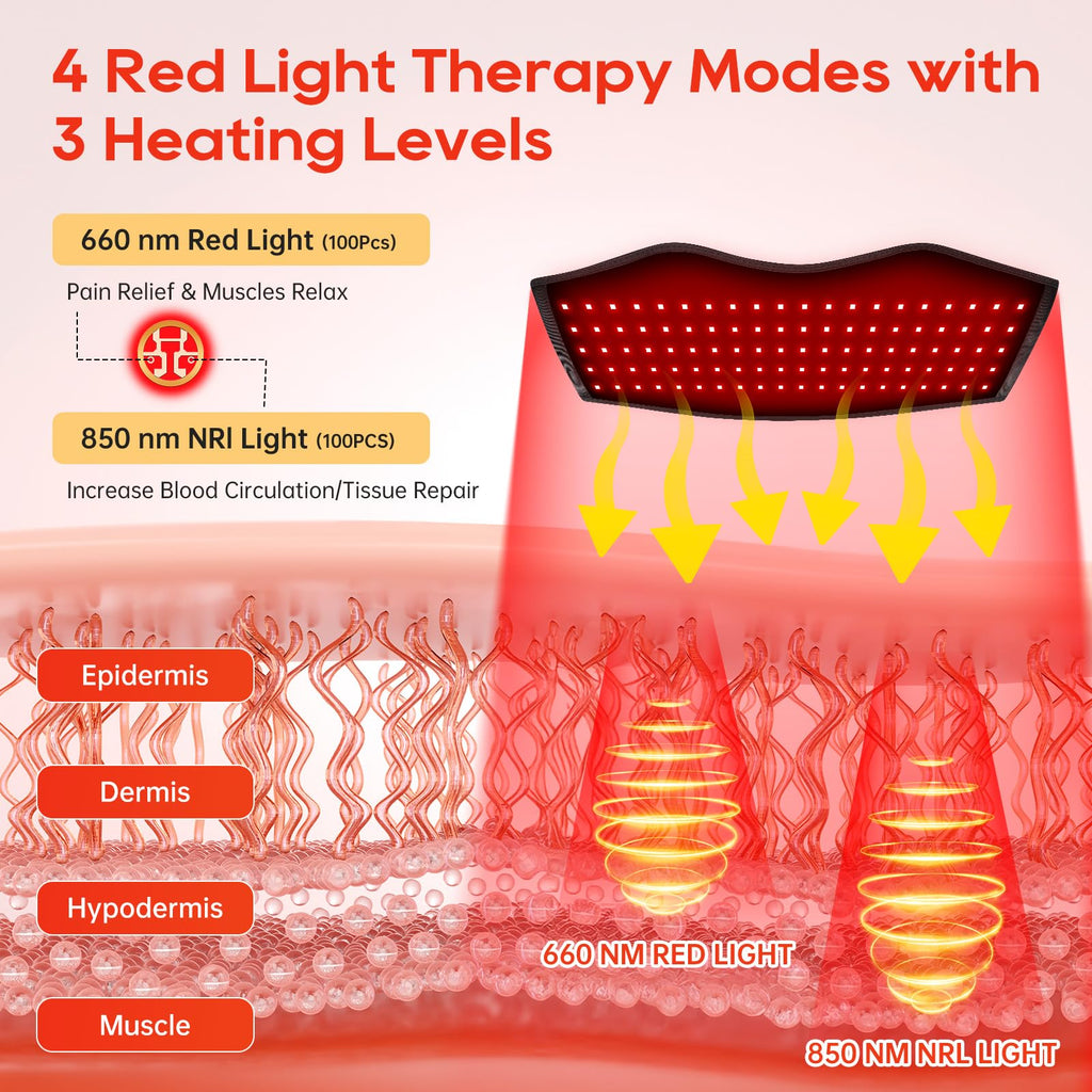Morfone 660nm&850nm Red Light Therapy Heating Massage Belt for Muscle Pain Relief Red Light Therapy Wrap