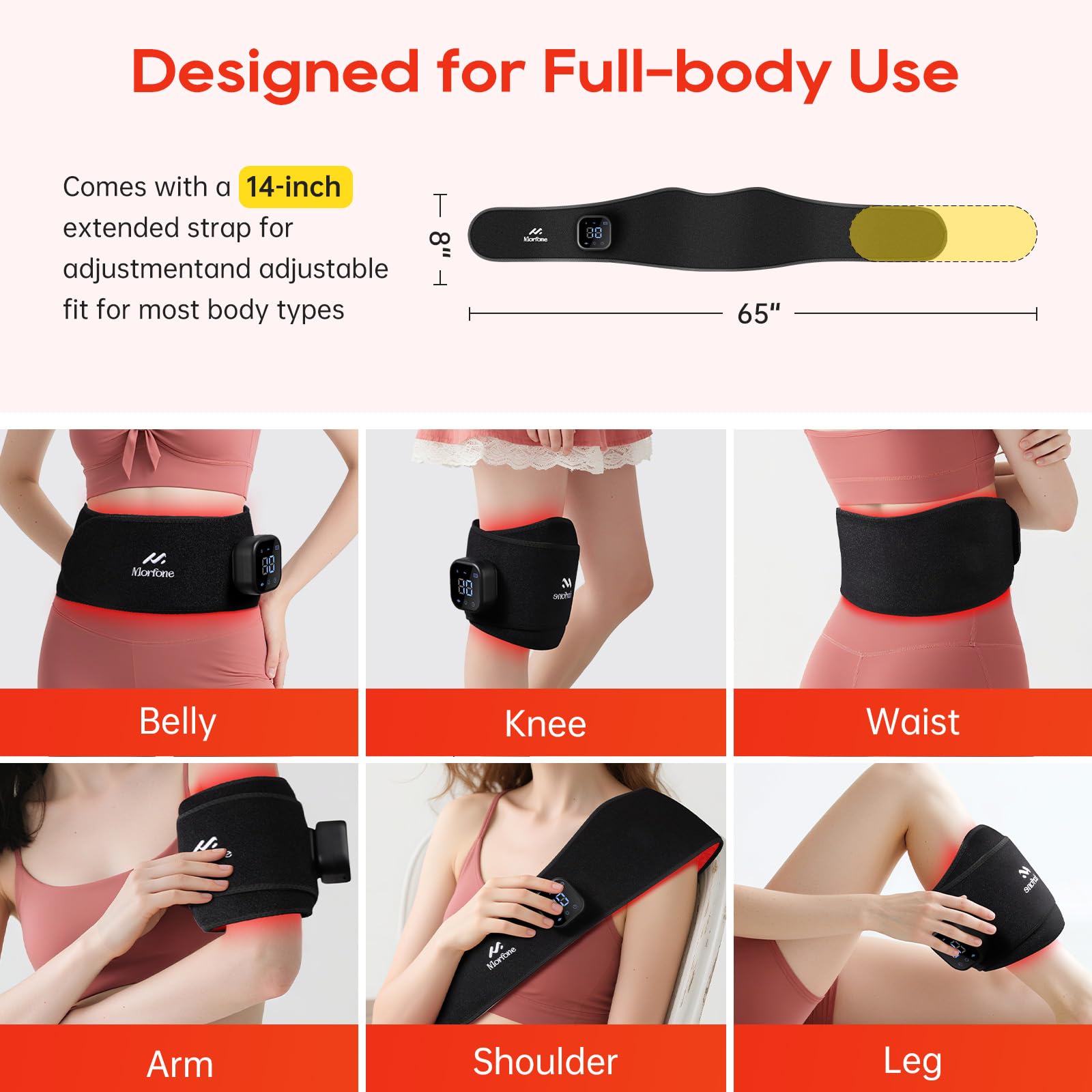 Morfone 660nm&850nm Red Light Therapy Heating Massage Belt for Muscle Pain Relief Red Light Therapy Wrap