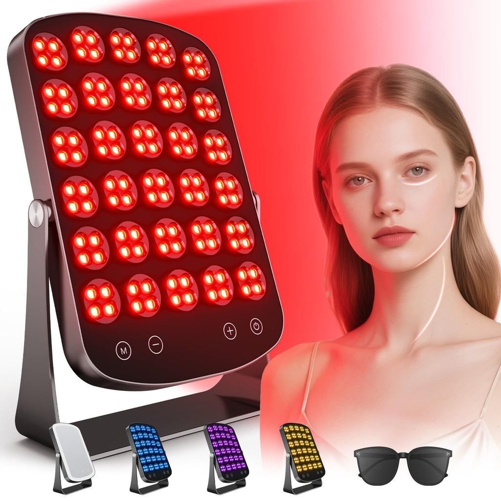 Red Light Therapy Panel, 460/590/660/850nm 4-Color Light Mode, 120 LEDs Facial Infrared Light Therapy Devices with Lighted Makeup Mirror, Timer