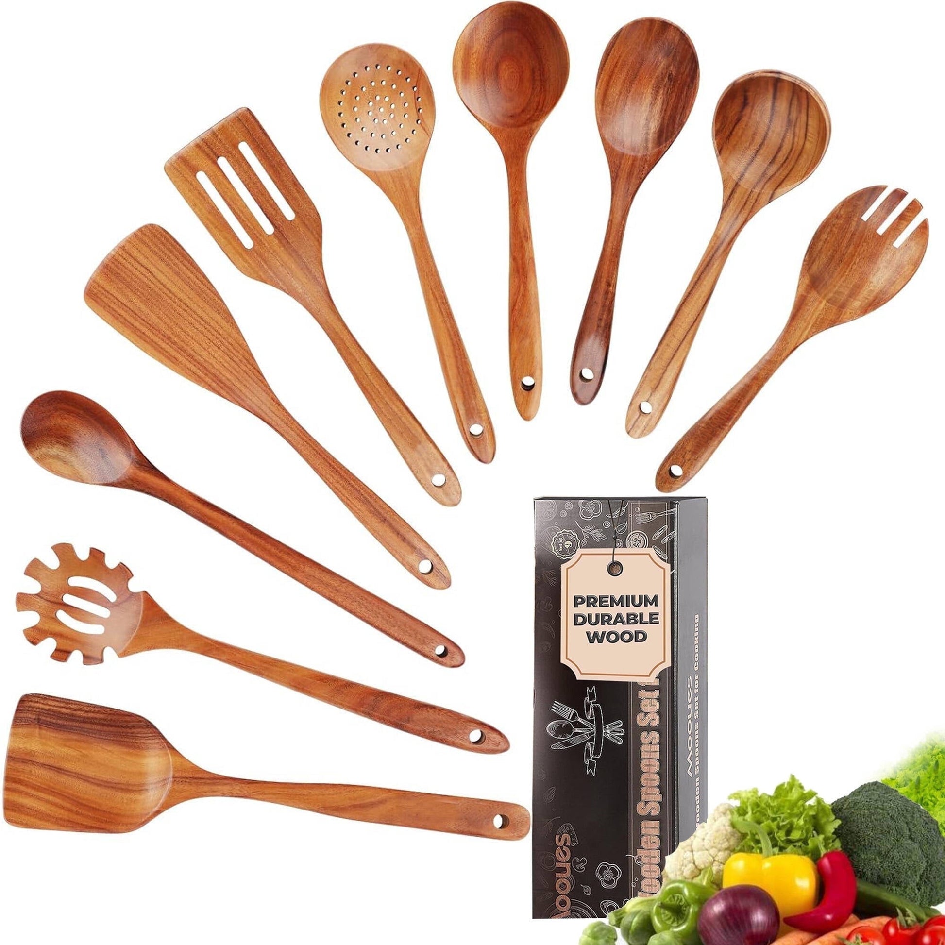 ACMETOP Wooden Spoons for Cooking, 10 Pcs Natural Teak Kitchen Utensil Set, Wooden Cooking Utensils Set for Nonstick Pans & Cookware