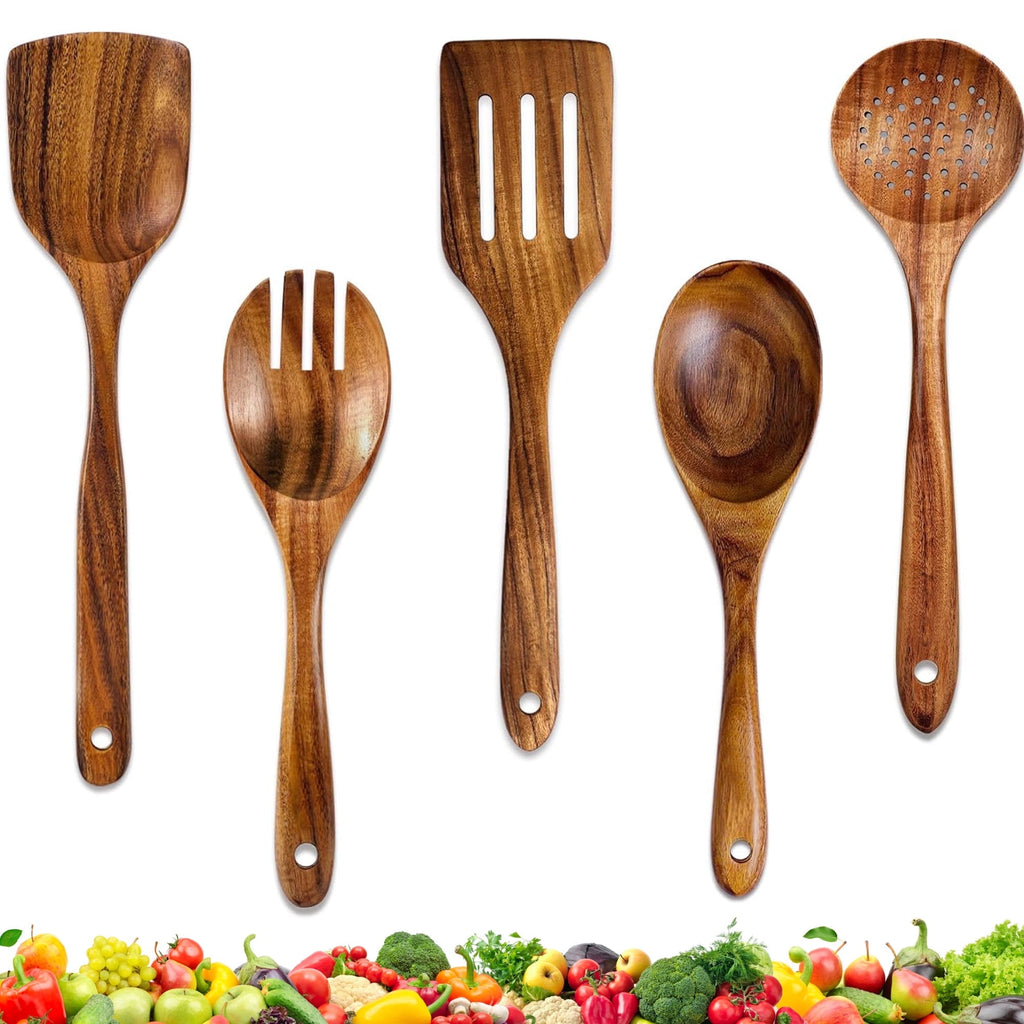 ACMETOP Wooden Spoons for Cooking, 9 Pcs Natural Teak Kitchen Utensil Set with Utensils Holder & Spoon Rest, Wooden Cooking Utensils for Nonstick Pans & Cookware