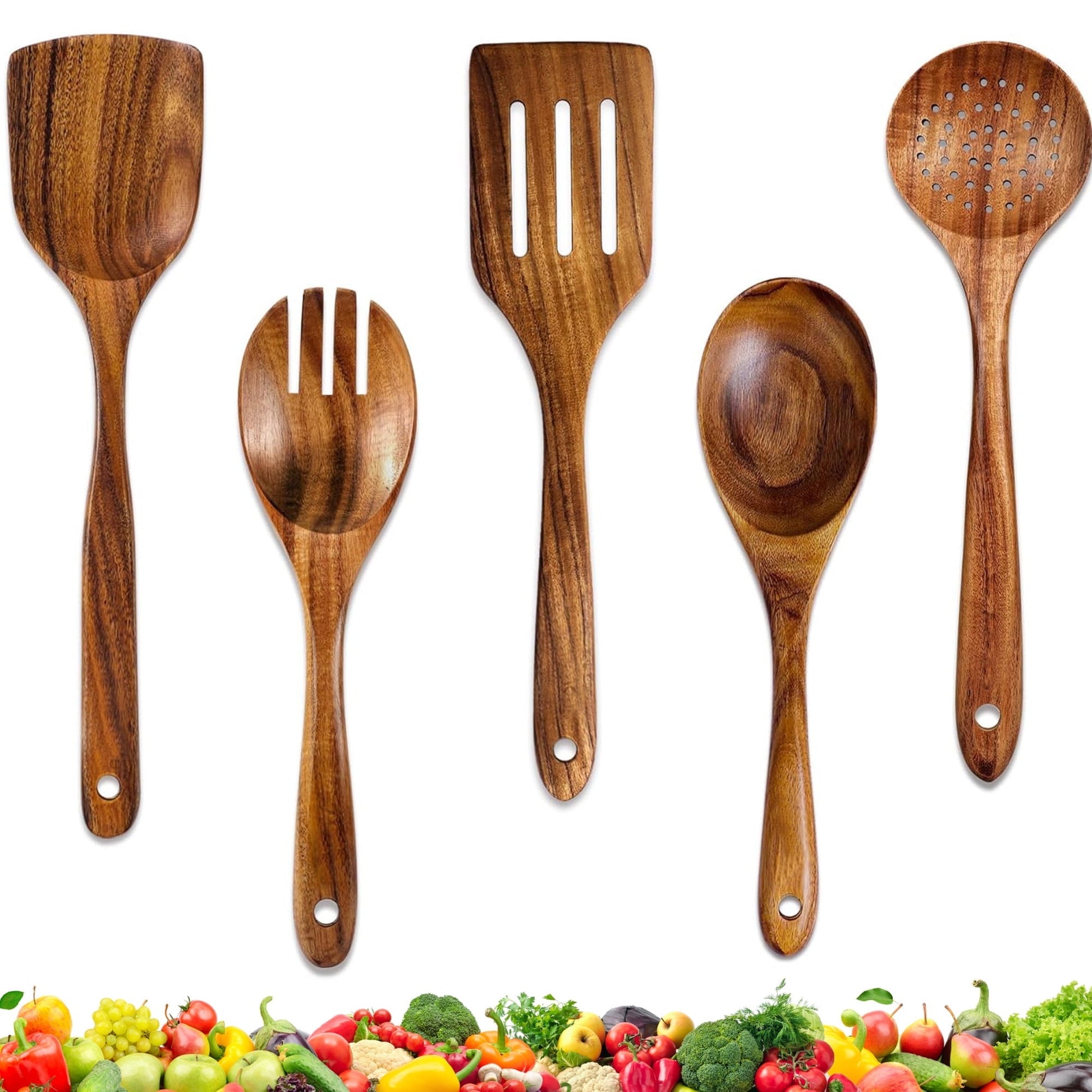 ACMETOP Wooden Spoons for Cooking, 9 Pcs Natural Teak Kitchen Utensil Set with Utensils Holder & Spoon Rest, Wooden Cooking Utensils for Nonstick Pans & Cookware
