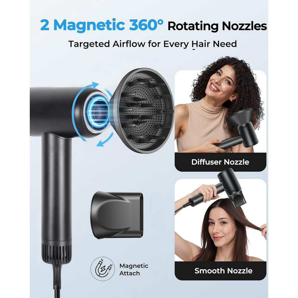 Morfone Hair Dryer, High Speed 160000 RPM Blow Dryer with Magnetic Diffuser and Concentrator, 500 Million Negative Ions, Lightweight, Thermo-Control, Fast Drying for Home Travel Salon