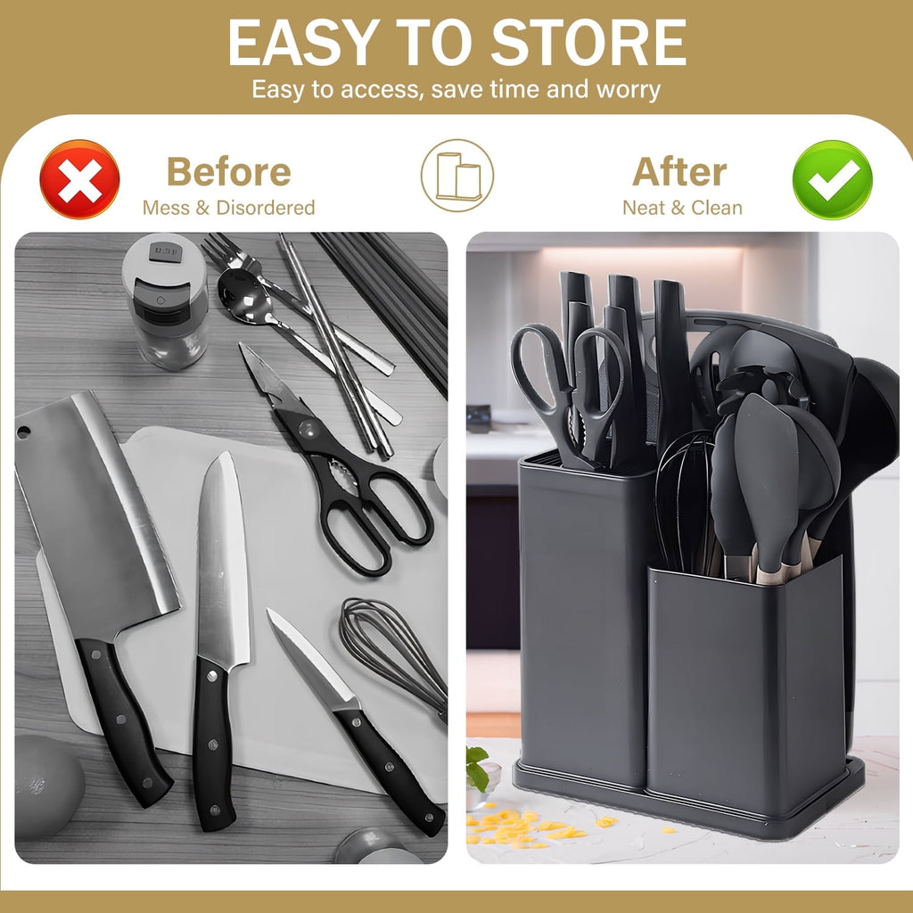 ACMETOP 19 Pieces Kitchen Utensils Set-11 Silicone Cooking Utensils Set, 6 Stainless Steel Sharp Knife set, 2 Cutting Board and Holder (Pink)