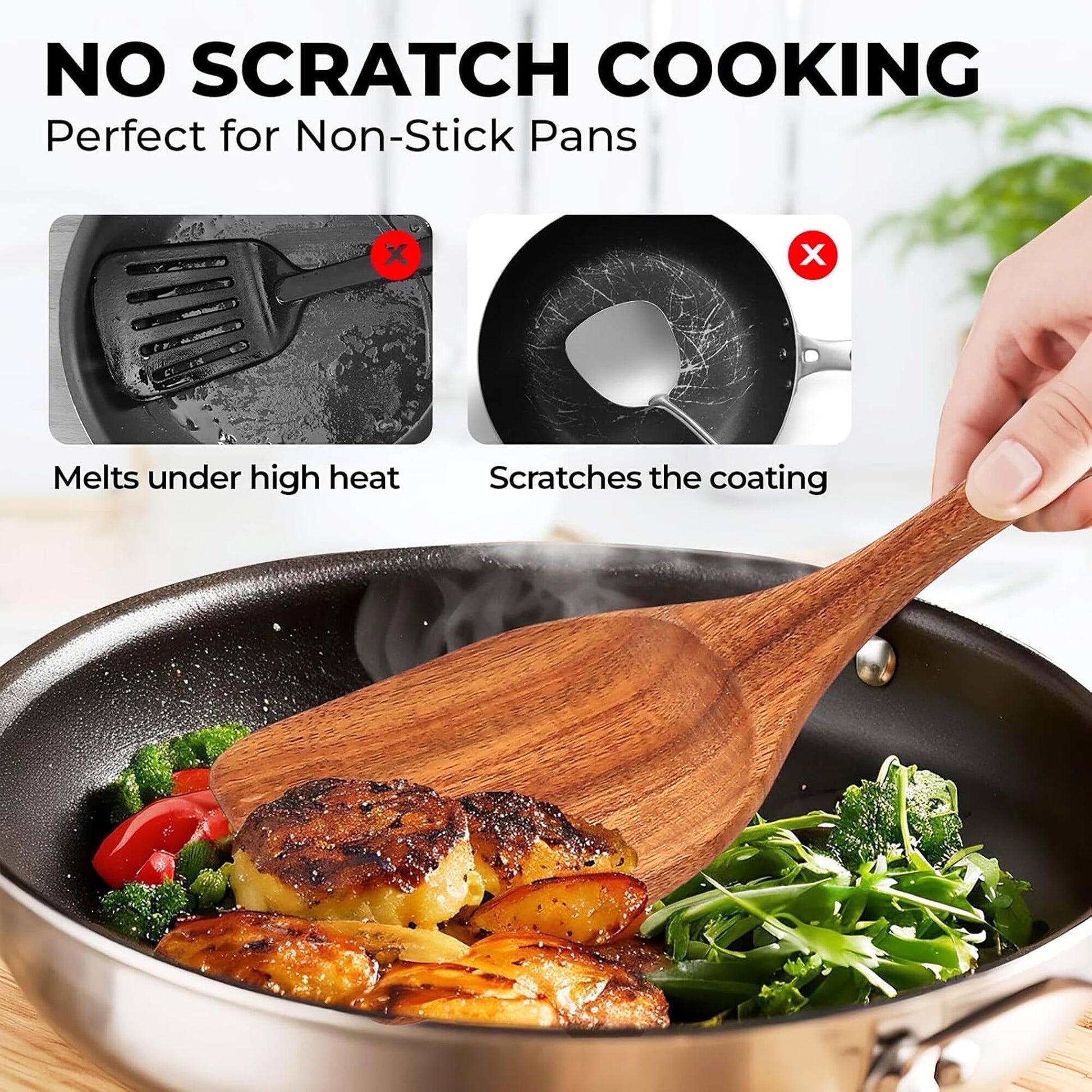 ACMETOP Wooden Spoons for Cooking, 10PCS Teak Wood Kitchen Utensils Set With 10 Hooks, Nonstick Cookware Utensil Set - Mother's Day Gift