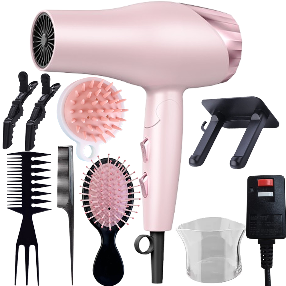 Morfone Pink 9-piece foldable hair dryer set. Portable hair styling tool for home, travel or business trips. Can be used as a gift set