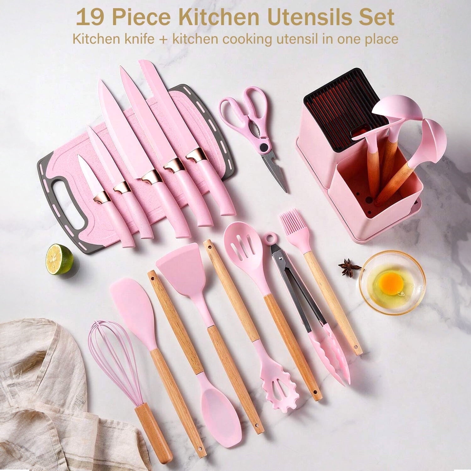 ACMETOP 19 Pieces Kitchen Utensils Set-11 Silicone Cooking Utensils Set, 6 Stainless Steel Sharp Knife set, 2 Cutting Board and Holder (Pink)