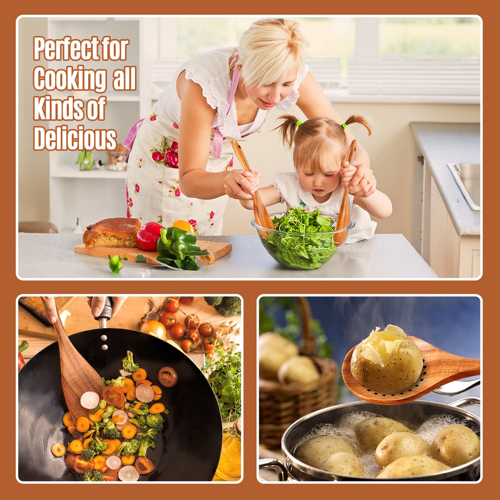 ACMETOP Wooden Spoons for Cooking, 9 Pcs Natural Teak Kitchen Utensil Set with Utensils Holder & Spoon Rest, Wooden Cooking Utensils for Nonstick Pans & Cookware