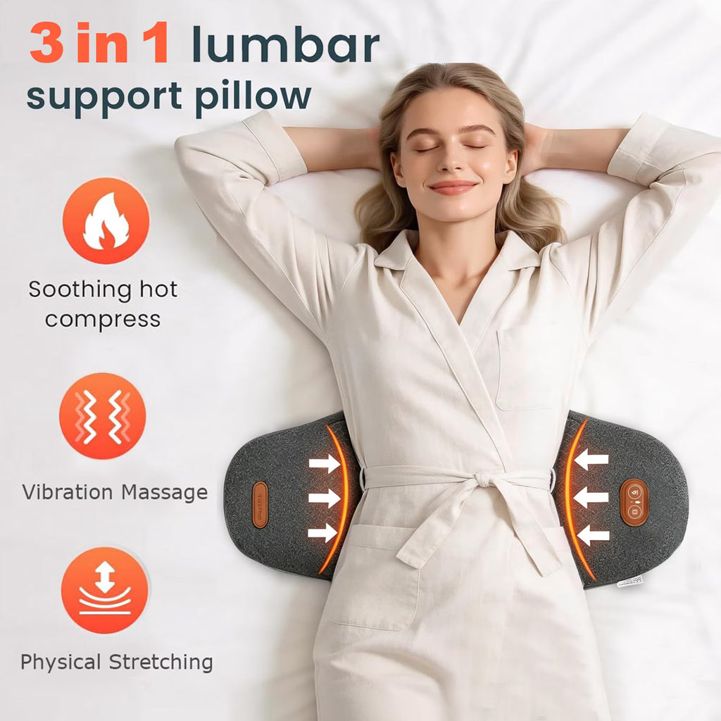 Morfone 3 in 1 Back Massager with Heat, Vibration and Stretch, Ergonomic Lumbar Support Pillow for Lower Back Relaxation, Deep Tissue Massager for Bed, Chair, Office, Home Use