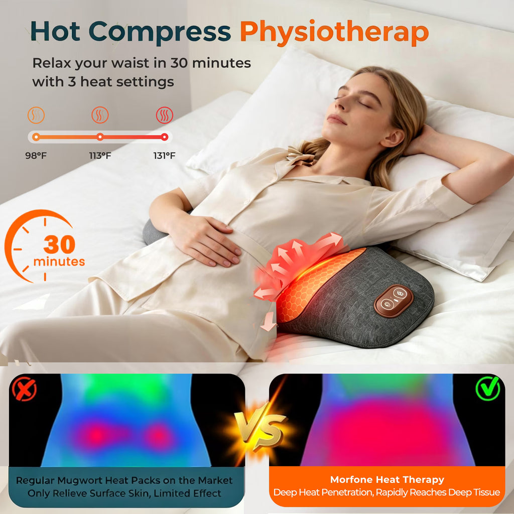 Morfone 3 in 1 Back Massager with Heat, Vibration and Stretch, Ergonomic Lumbar Support Pillow for Lower Back Relaxation, Deep Tissue Massager for Bed, Chair, Office, Home Use
