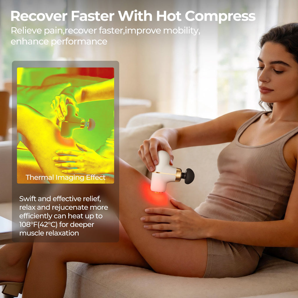 Morfone Mini Massage Gun with Red Light & Heat, Portable Deep Tissue Massager with 4 Heads for Home Office Travel