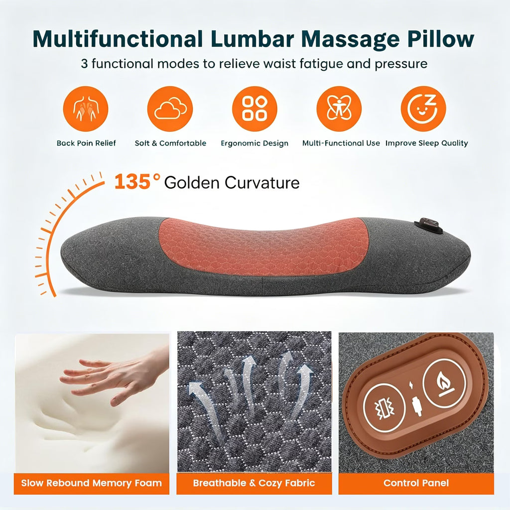 Morfone 3 in 1 Back Massager with Heat, Vibration and Stretch, Ergonomic Lumbar Support Pillow for Lower Back Relaxation, Deep Tissue Massager for Bed, Chair, Office, Home Use
